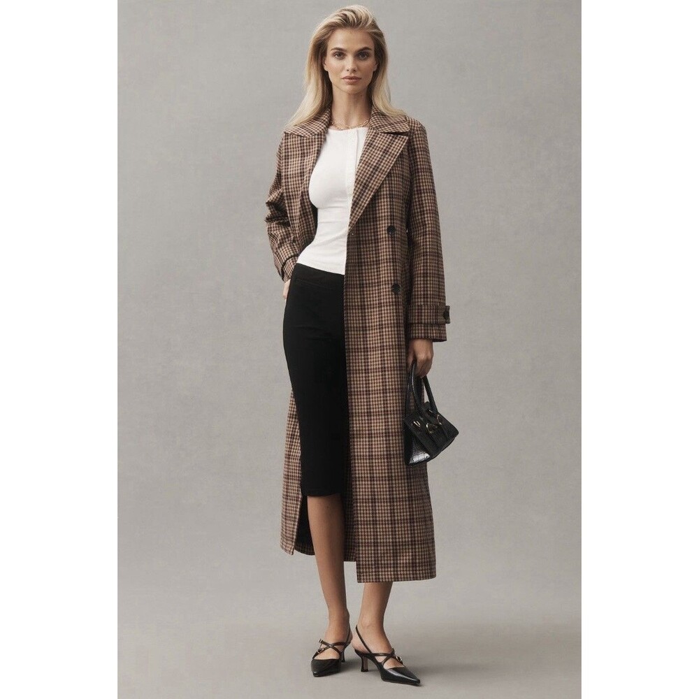 Anthropologie Avec Les Filles Belted Plaid Trench Coat Sz XS Brown/ Orange Plaid